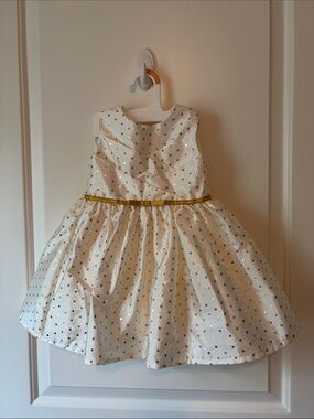 Girls White Dress with Gold Polka Dots and Waist Ribbon